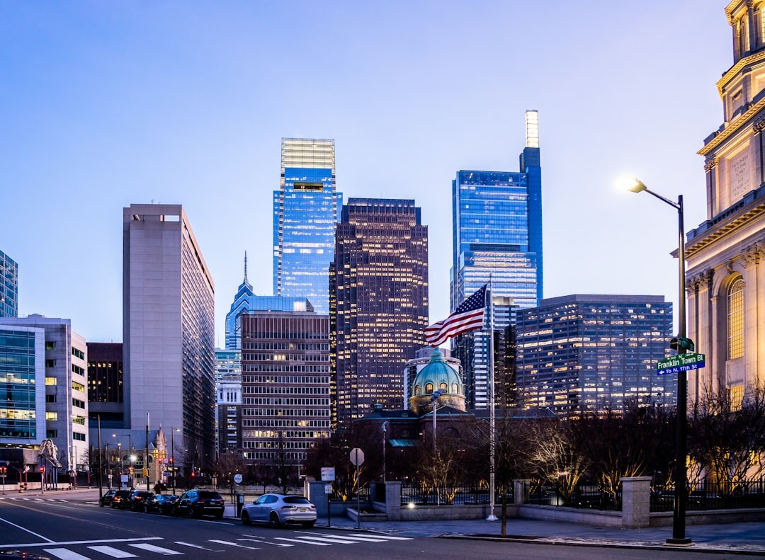 American city highway skyline at dusk