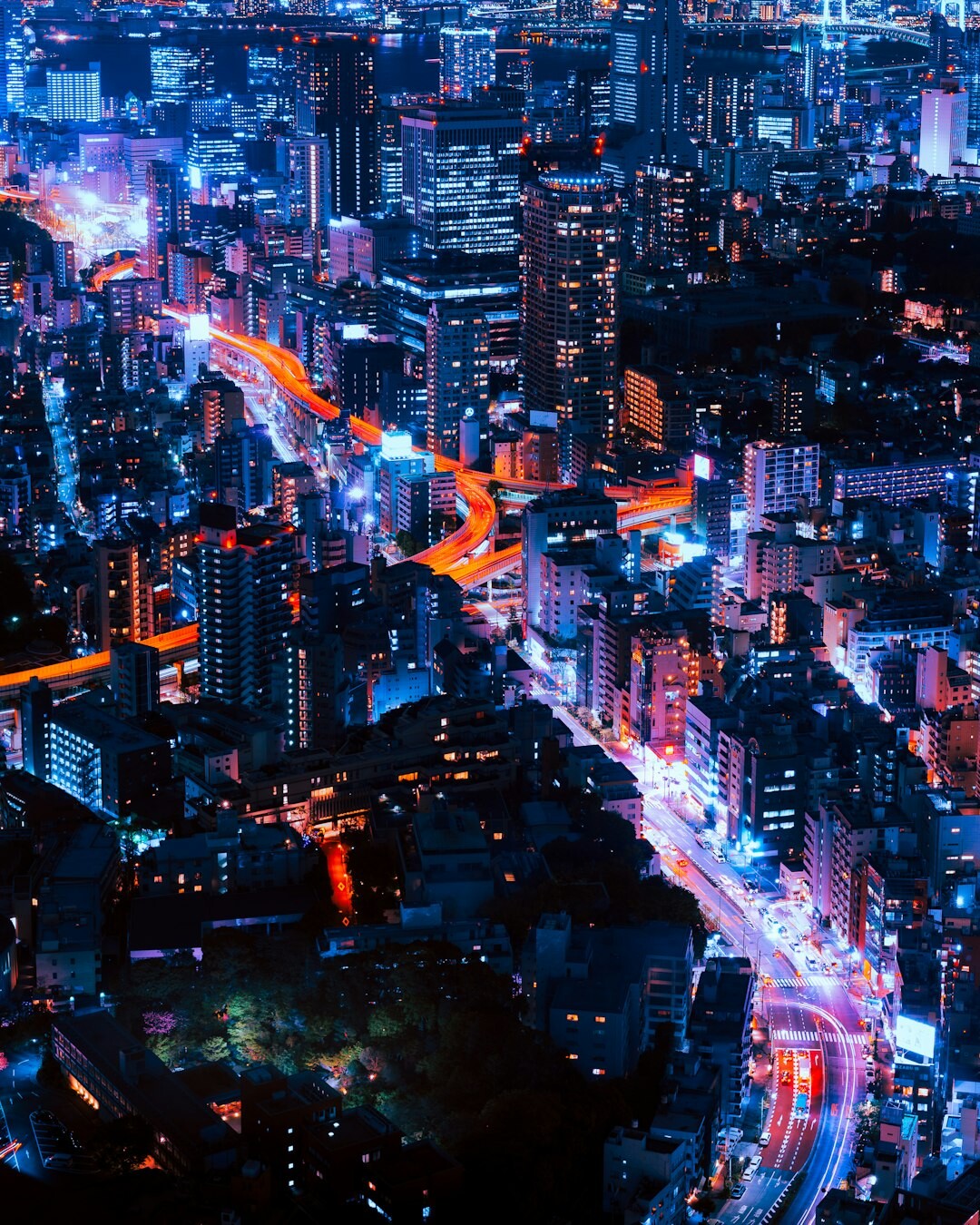 Tokyo city street illuminated at night